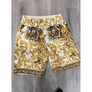 Vintage Y2K IMPAQ Tiger Baroque Print Shorts Elastic Waist Mens L Gold